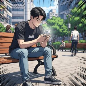 놀이터 벤치에 앉아 스마트폰을 사용하는 20대 한국 남대생