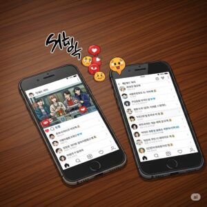 SNS 화면이 켜진 스마트폰 2대가 탁자 위에 놓인 모습