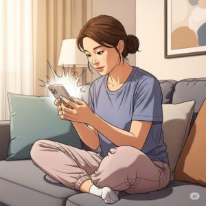 집안 소파에 앉아 스마트폰을 사용하는 30대 한국 주부