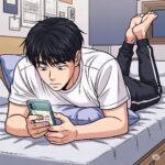 침대에 엎드려 스마트폰을 사용하는 20대 한국 남자 대학생