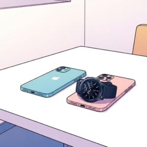 탁자 위에 나란히 놓여 있는 아이폰과 갤럭시 워치