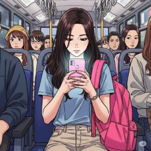 버스를 타고 이동하며 스마트폰을 사용하는 20대 한국 여대생