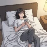 자기 전 침대에 누워 스마트폰을 사용하는 20대 한국 여대생