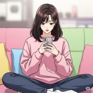 쇼파에 앉아 스마트폰으로 쓰레드 인기글 되는 조건을 검색하는 20대 한국 대학생