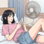 침대에 엎드려 선풍기 틀어놓고 스마트폰을 사용하는 20대 한국 여대생