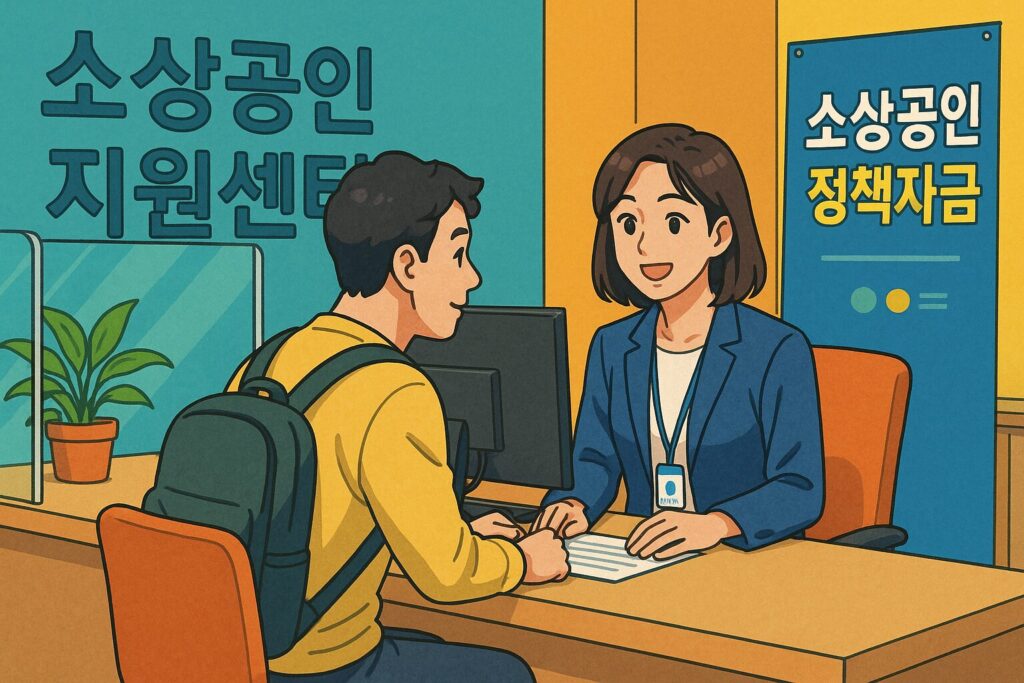 "소상공인 지원센터 창구에서 직원에게 상담받는 소상공인, 뒤편에 정책자금 안내 배너가 보이는 모습"