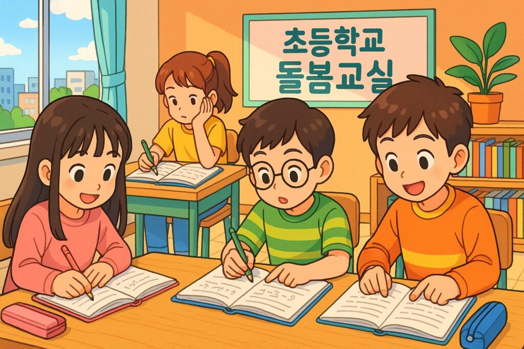 "초등학교 돌봄교실에서 함께 숙제를 하는 아이들"