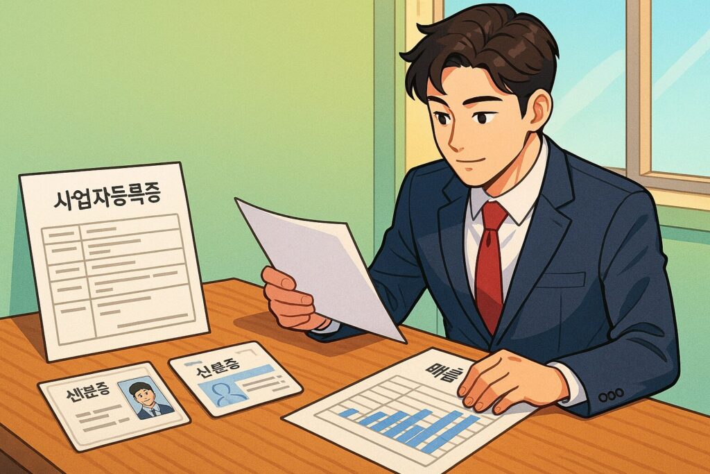 "책상 위 사업자등록증, 신분증, 매출 증빙 서류를 확인하는 사업자의 모습"