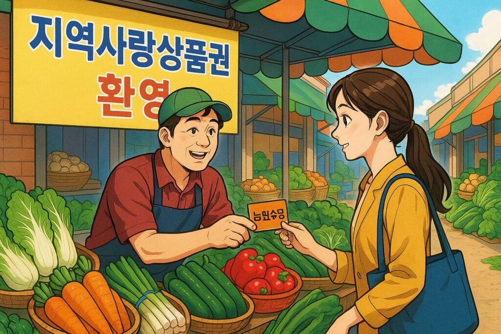 "전통시장 채소 가게에서 농민수당 카드로 결제하는 모습, 간판에 ‘지역사랑상품권 환영’ 문구가 보임"
