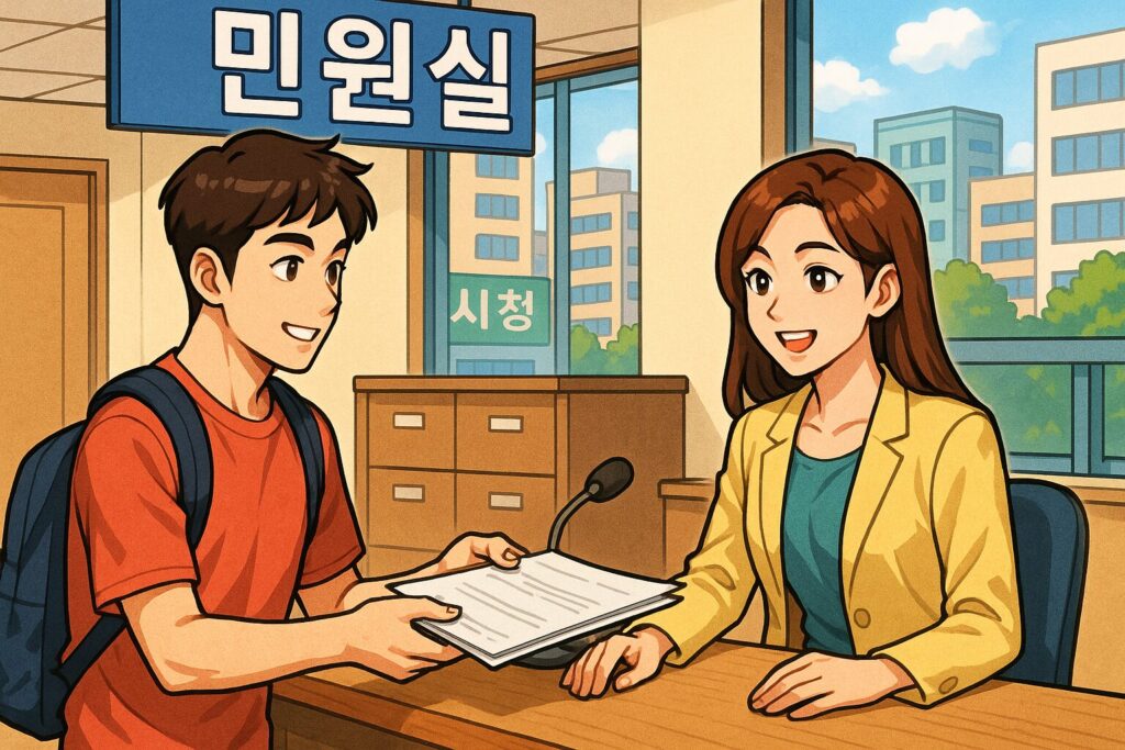 "시청 민원실 창구에서 대학생이 서류를 제출하는 모습"
