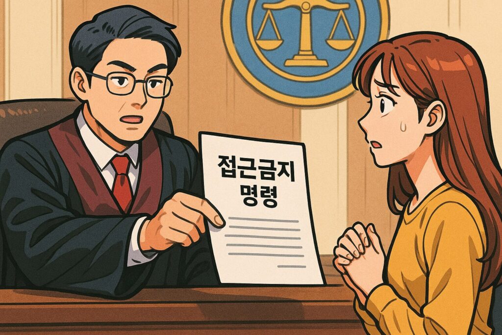 "법정에서 판사가 서류를 내밀며 접근금지 명령을 설명하는 장면, 한국 웹툰 스타일"