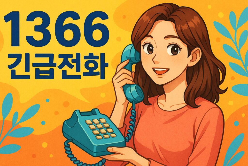 "여성긴급전화 1366 안내 포스터, 전화기를 드는 여성 캐릭터와 큰 글씨 표시"