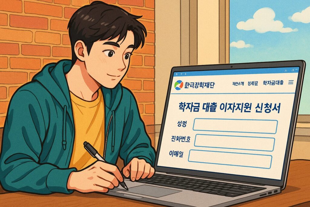 "대학생이 한국장학재단 홈페이지에서 학자금 대출 이자지원 신청서를 작성하는 모습"