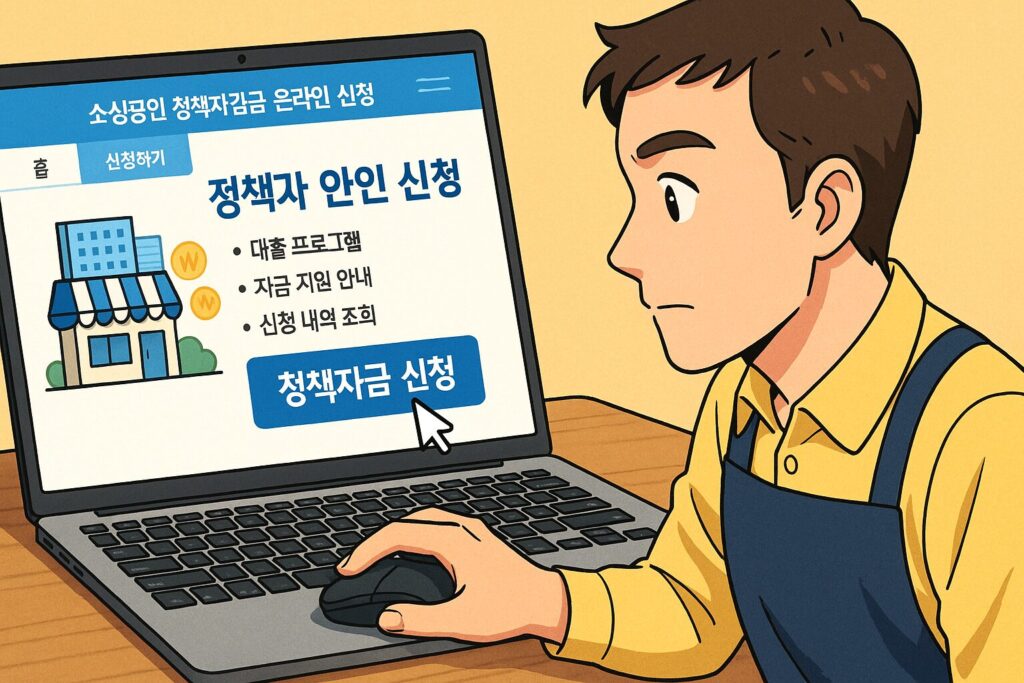 "노트북 화면에 소상공인 정책자금 온라인 신청 홈페이지가 열려 있고, 사업자가 신청 버튼을 클릭하는 모습"