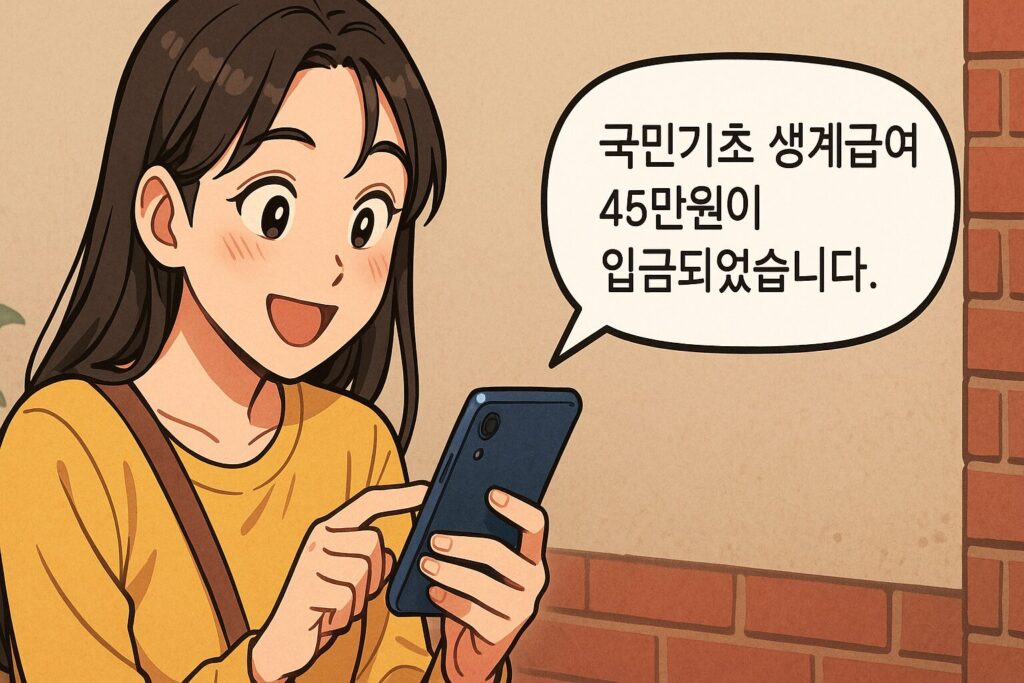 "휴대폰 문자로 생계급여 입금 내역을 확인하는 장면"