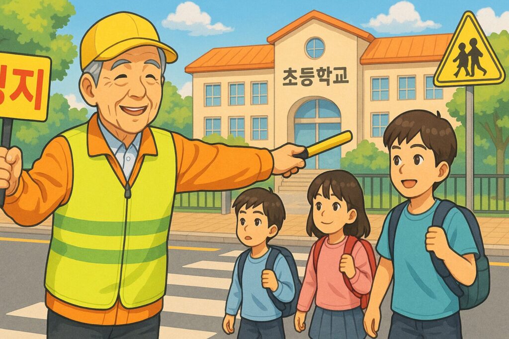 "초등학교 앞에서 교통안전 도우미로 활동 중인 어르신"