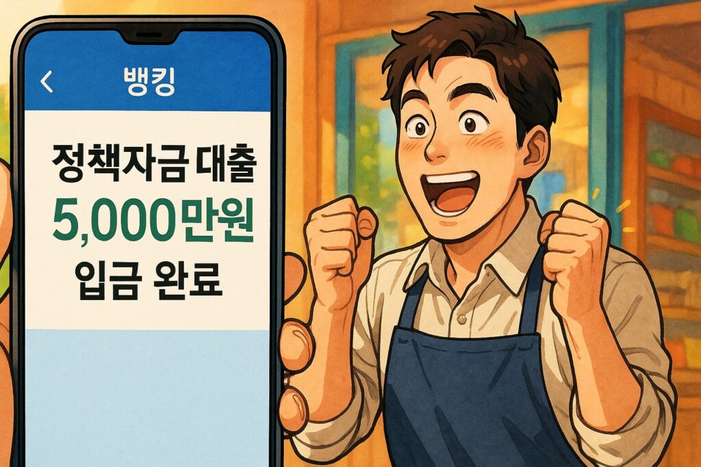 "스마트폰 뱅킹 화면에 정책자금 대출 5천만 원 입금 완료 문구를 확인하며 기뻐하는 소상공인"