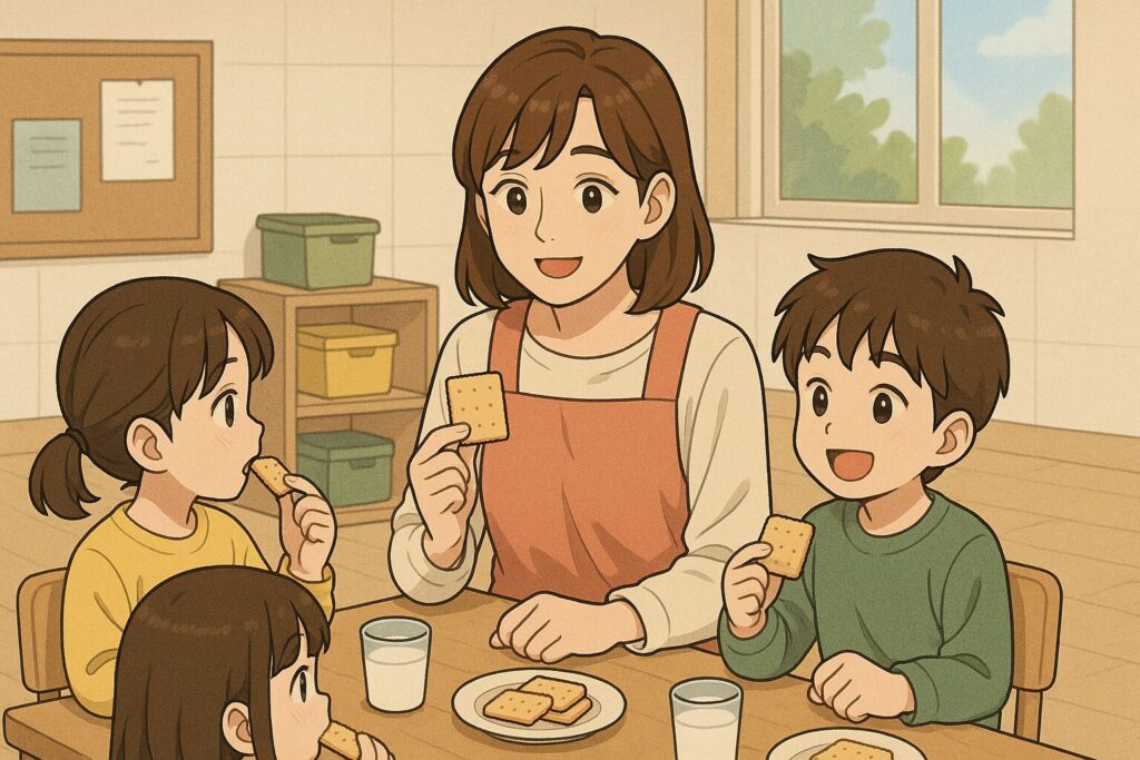 "돌봄전담교사와 아이들이 간식을 먹으며 시간을 보내는 모습"