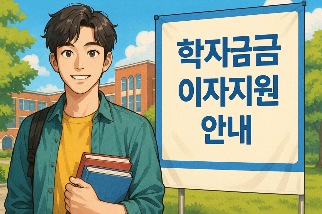 "학자금 대출 이자지원 안내 배너 앞에 서 있는 대학생"