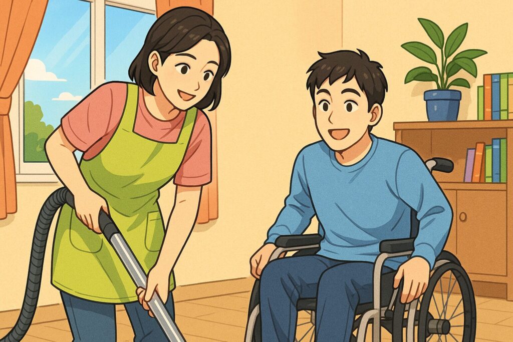"장애인 가정에서 활동지원사가 청소를 도와주는 모습"