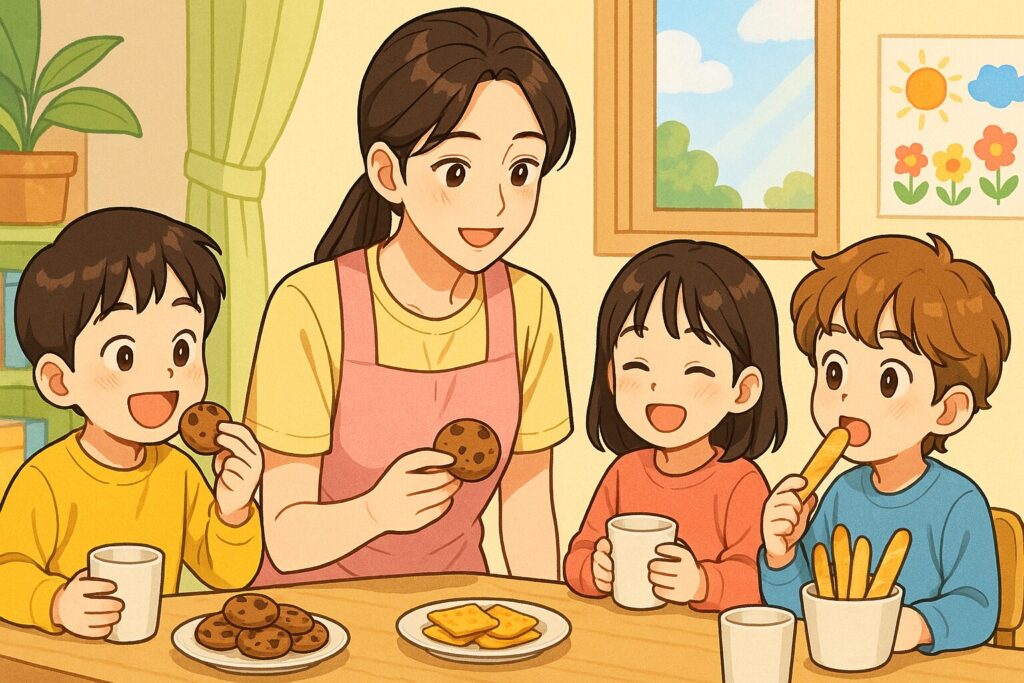 "돌봄전담교사와 아이들이 함께 간식을 먹는 모습"