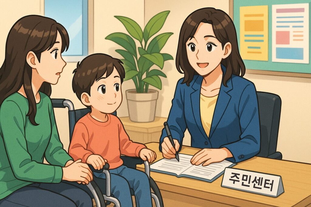 "주민센터에서 복지 상담을 받고 있는 장애인 보호자"