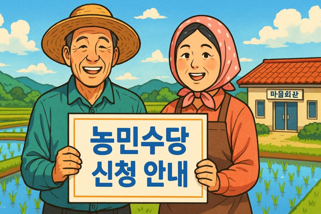"논밭과 마을회관 앞에서 농민수당 신청 안내 팻말을 들고 있는 농부 부부"