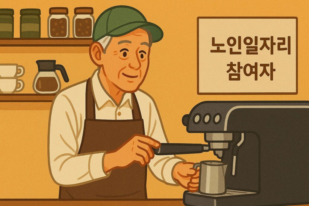 "카페에서 바리스타로 일하고 있는 노인일자리 참여 어르신"