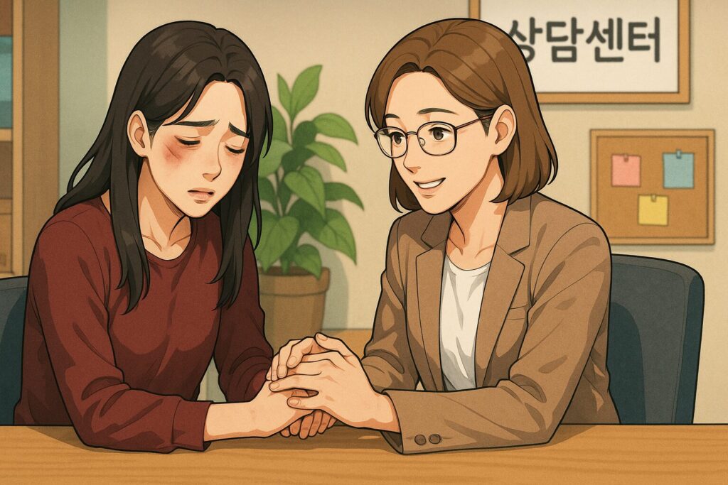 "가정폭력 피해자가 상담센터에서 상담사의 손을 잡으며 안심하는 모습,