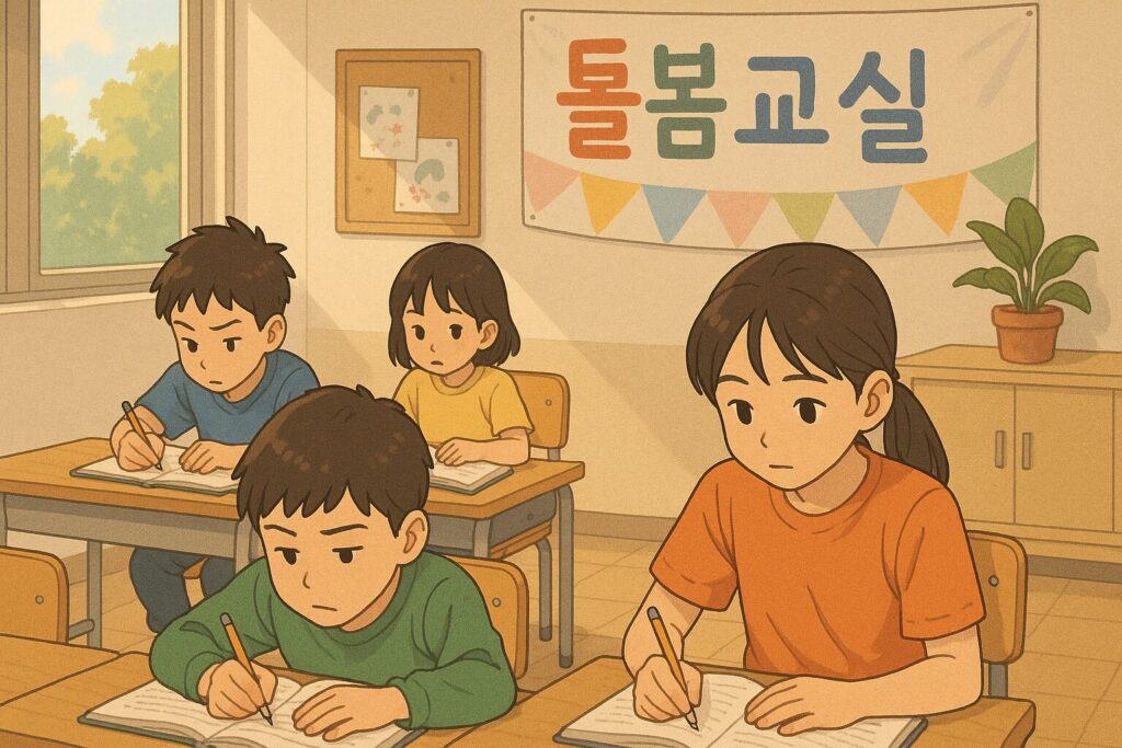 "초등학교 돌봄교실에서 책상에 앉아 숙제를 하는 아이들"