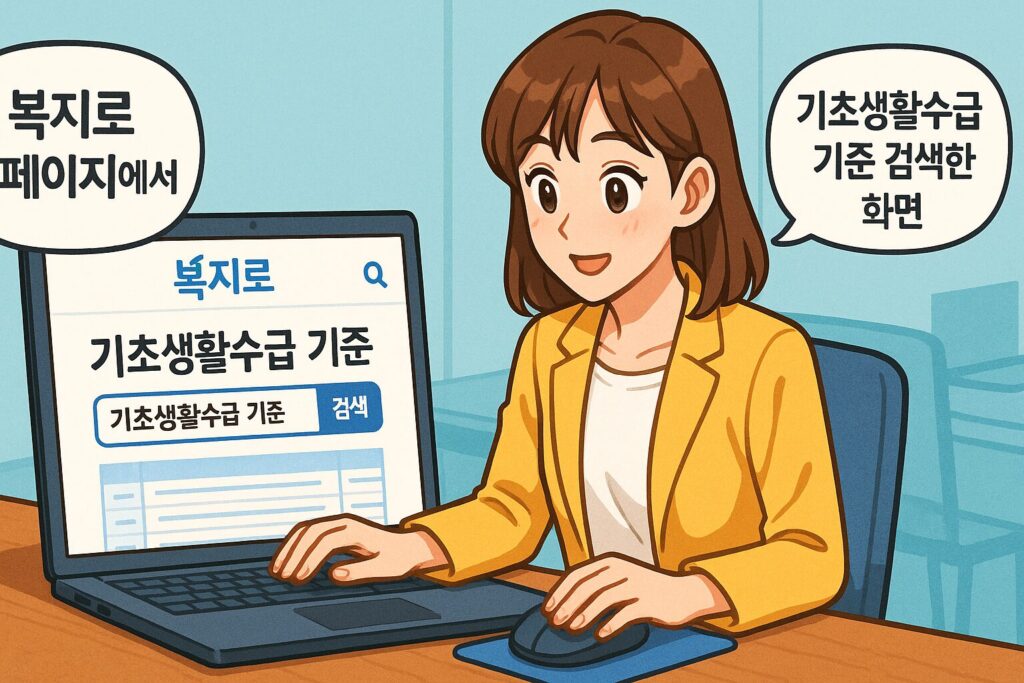 "복지로 홈페이지에서 기초생활수급 기준을 검색하는 화면"