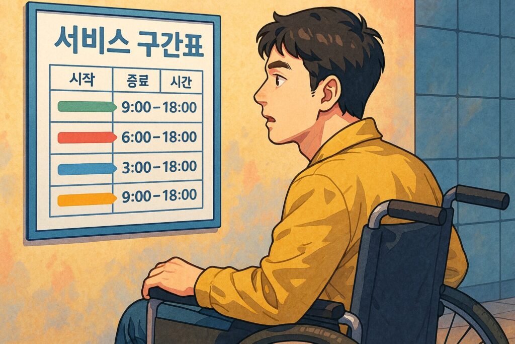 "서비스 구간표 안내문을 살펴보는 장애인"