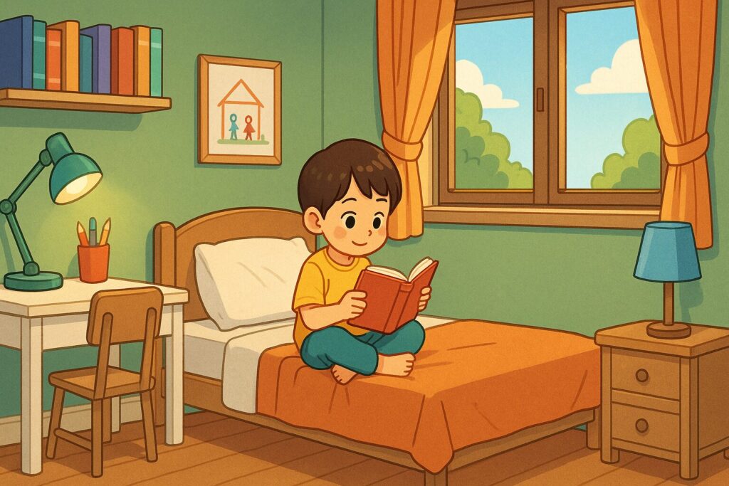 "보호시설 내부 생활 공간에서 책을 읽는 아동, 책상과 침대가 놓인 편안한 방"