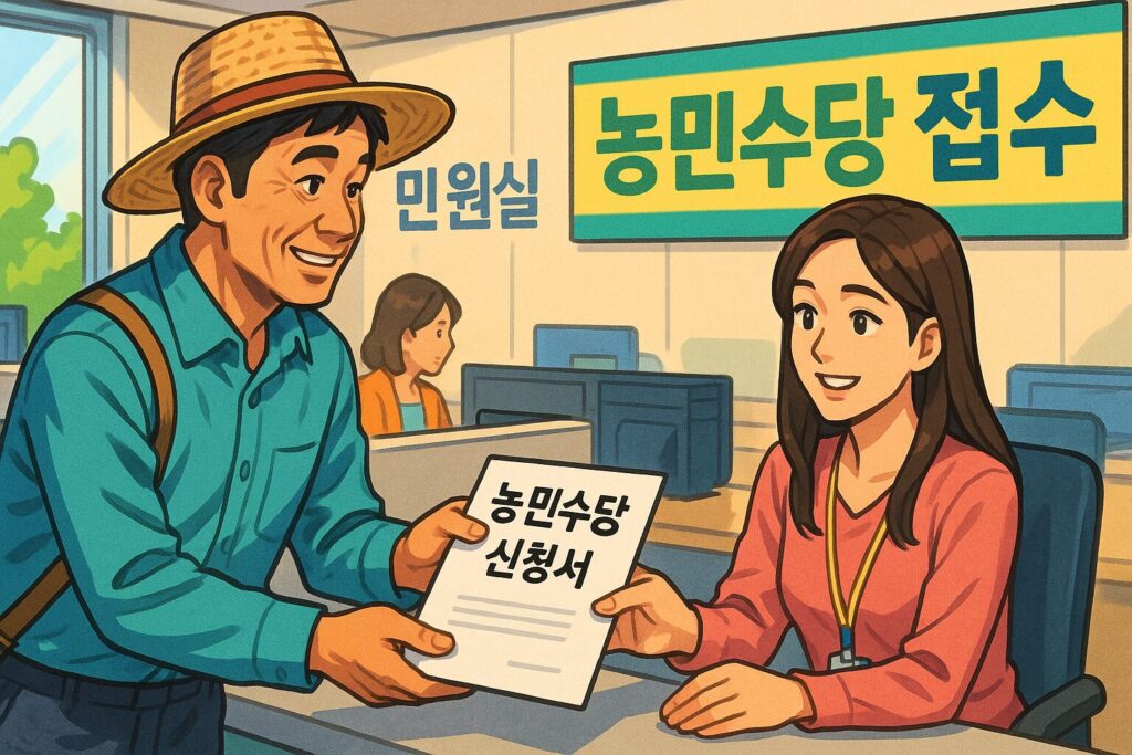 "시청 민원실 창구에서 농민이 농민수당 신청서를 제출하는 모습"