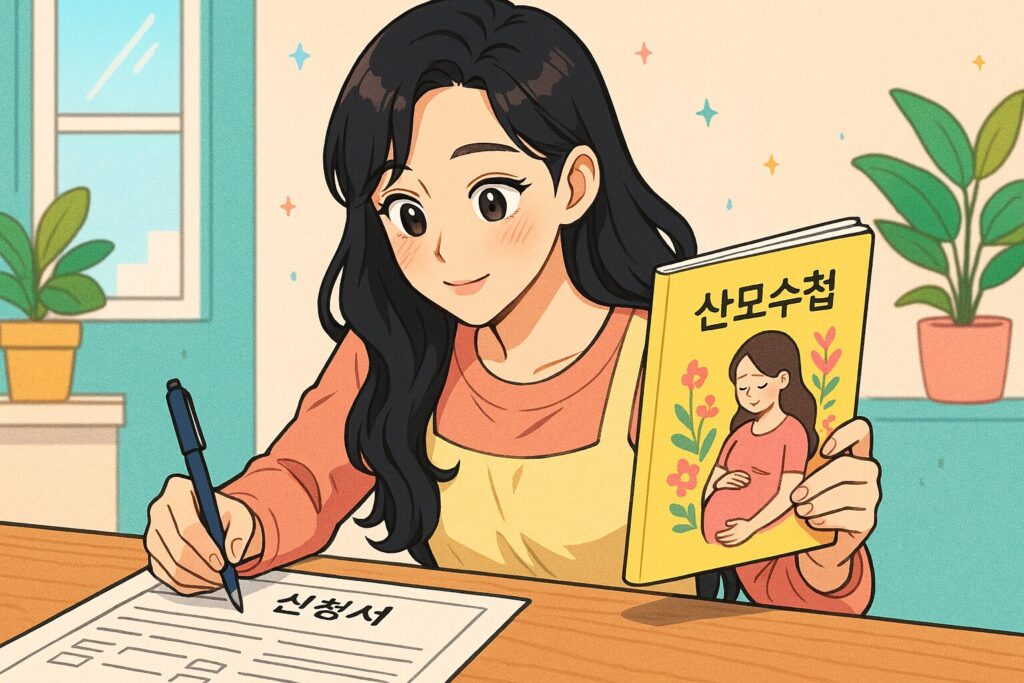 "산모수첩을 들고 신청서를 작성하는 임산부"