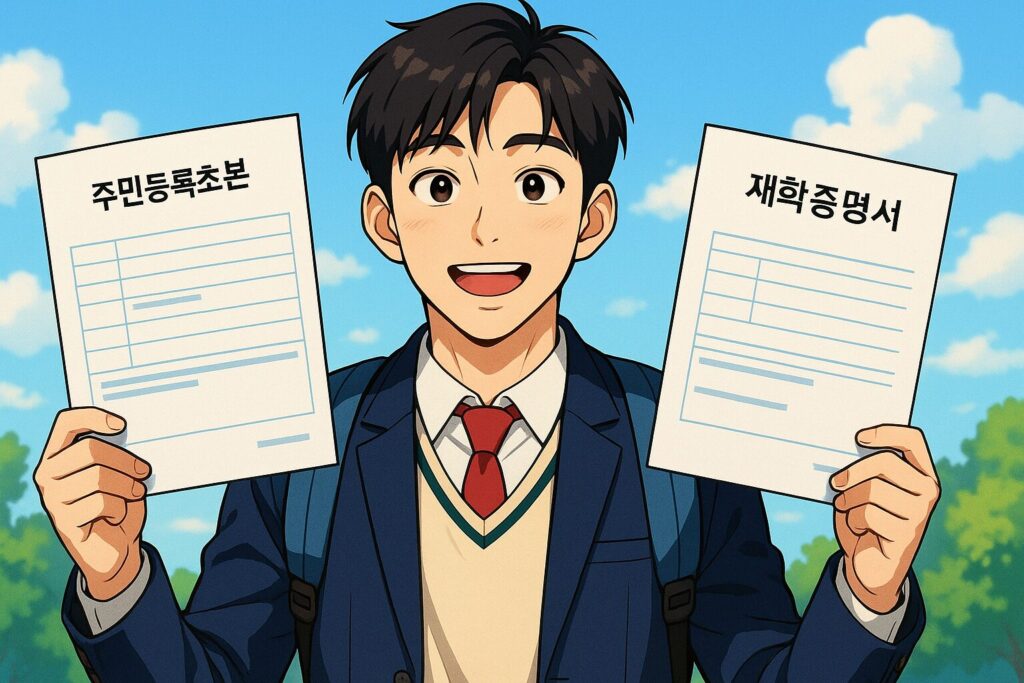 "주민등록초본과 재학증명서를 손에 들고 있는 대학생"