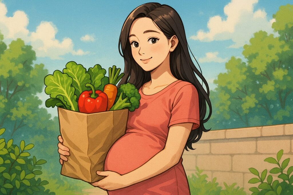 임산부가 친환경 채소 꾸러미를 들고 있는 모습