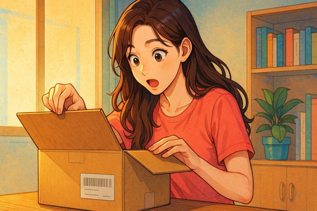 "가정에서 택배로 받은 꾸러미 박스를 열고 있는 모습"