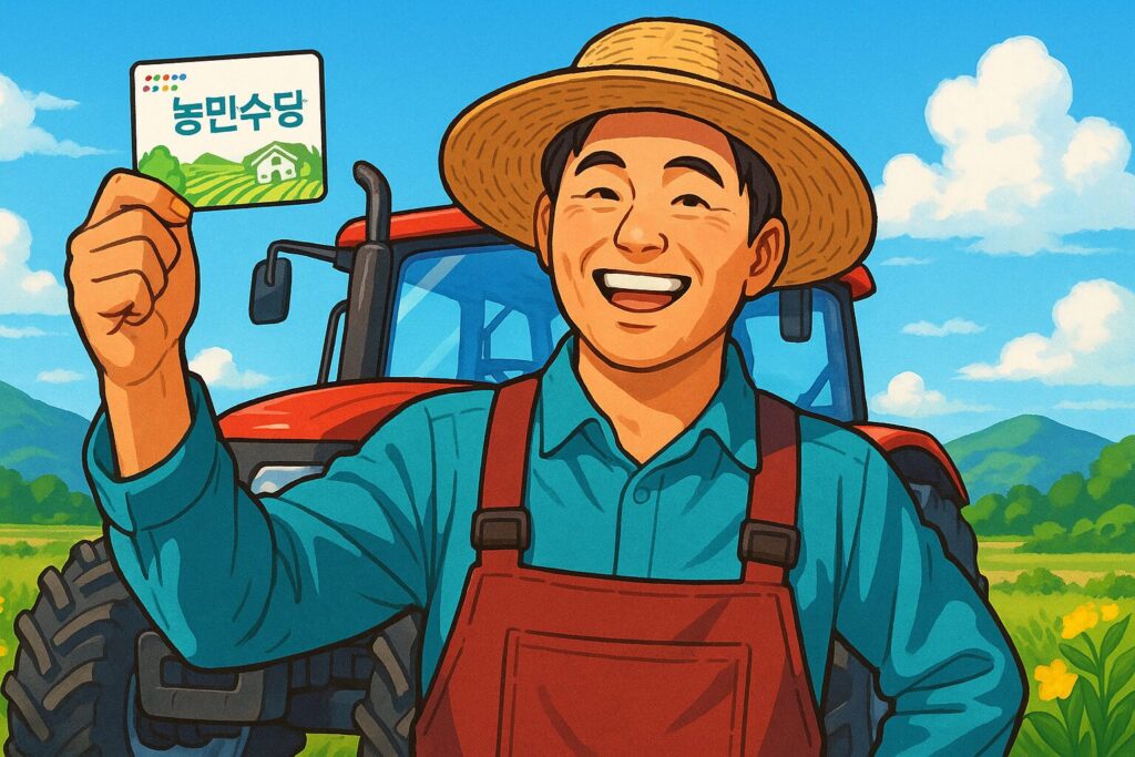 "트랙터 앞에서 지역화폐 농민수당 카드를 들어 보이며 웃고 있는 농부"