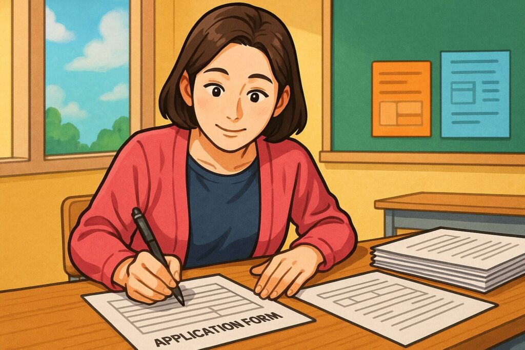 "학부모가 신청서와 제출 서류를 작성하는 모습"