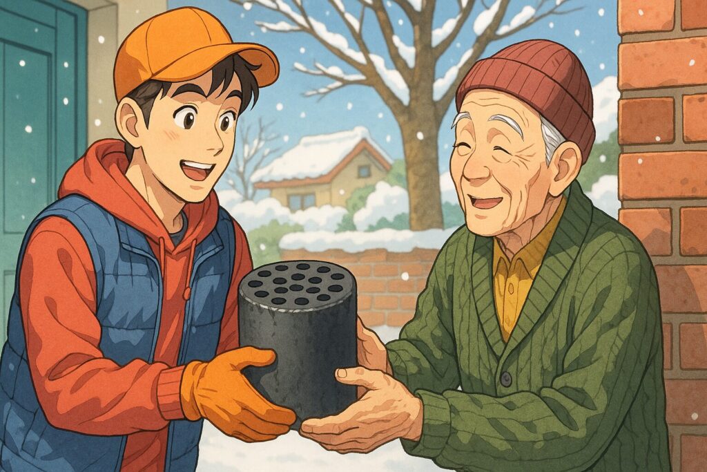 "겨울철 연탄을 배달받는 어르신의 모습"