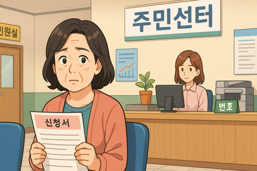 "주민센터에서 신청서를 들고 대기 중인 중년 여성"