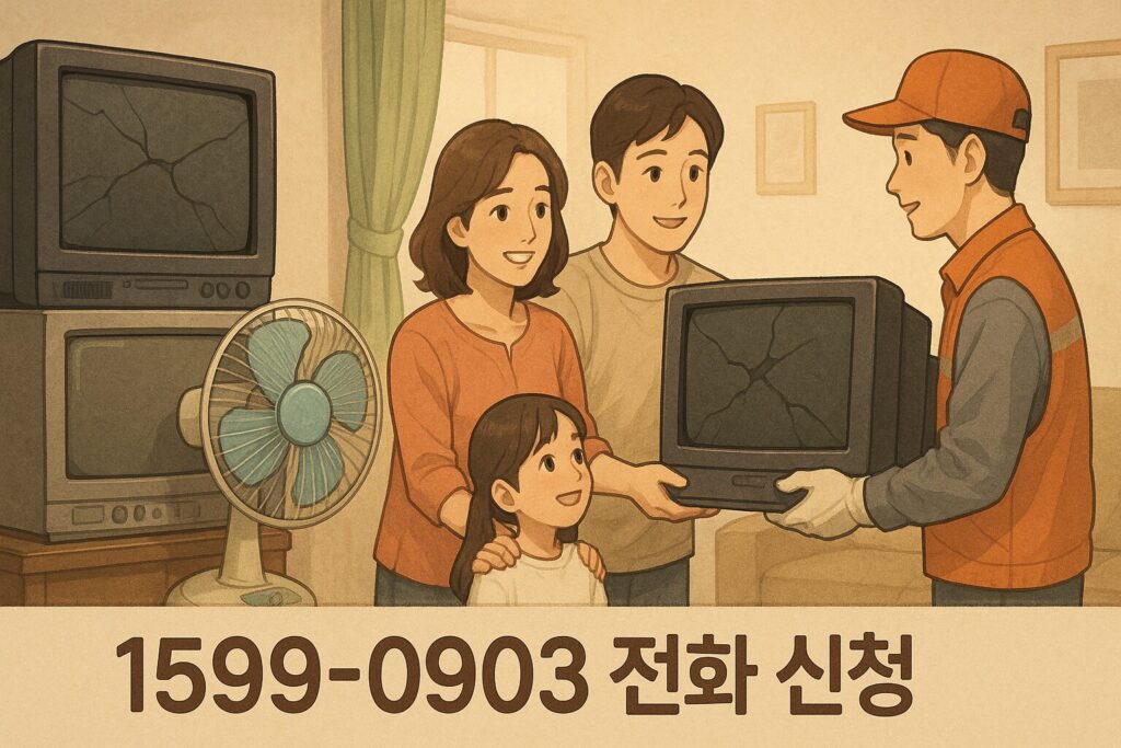 "거실 한쪽에 쌓인 고장난 TV와 선풍기를 수거 기사에게 전달하는 가족의 모습"