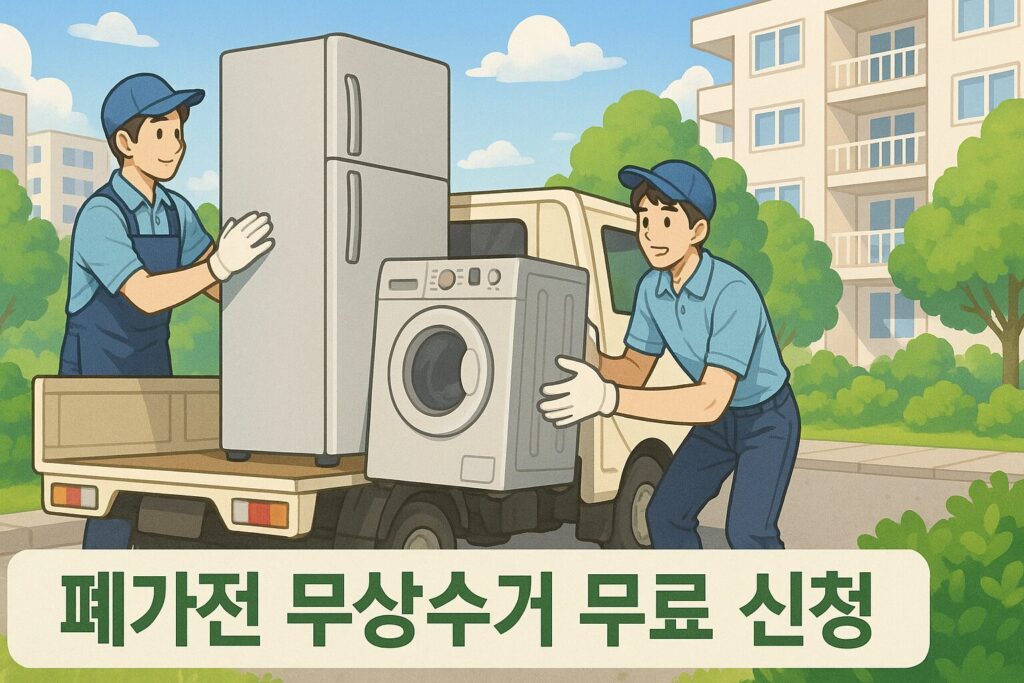 "아파트 단지 앞에서 수거 기사들이 고장난 냉장고와 세탁기를 트럭에 싣는 모습"