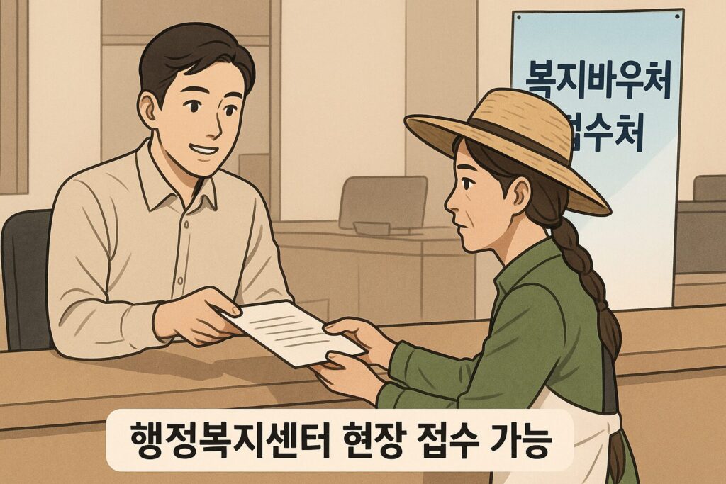 읍·면사무소 창구에서 여성농업인이 복지바우처 신청서를 제출하고, 직원이 서류를 받는 장면. 뒤편에는 ‘복지바우처 접수처’ 배너가 보임.