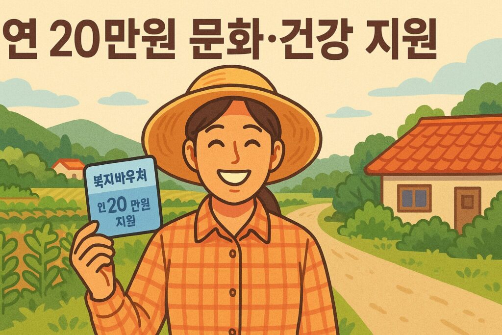 읍·면사무소 창구에서 여성농업인이 복지바우처 신청서를 제출하는 장면, 직원이 서류를 받으며 미소 짓고 있고, 뒤편에는 ‘복지바우처 접수처’ 배너가 보이는 모습