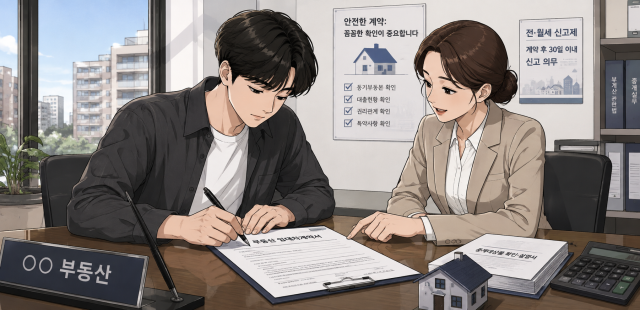 부동산 사무실에서 임대차계약서를 작성하는 모습