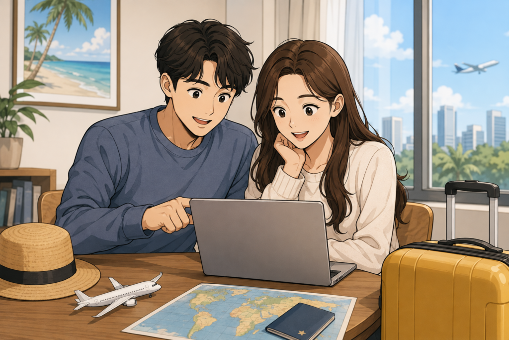 해외여행을 앞두고 노트북으로 여행자보험에 가입하는 부부 모습