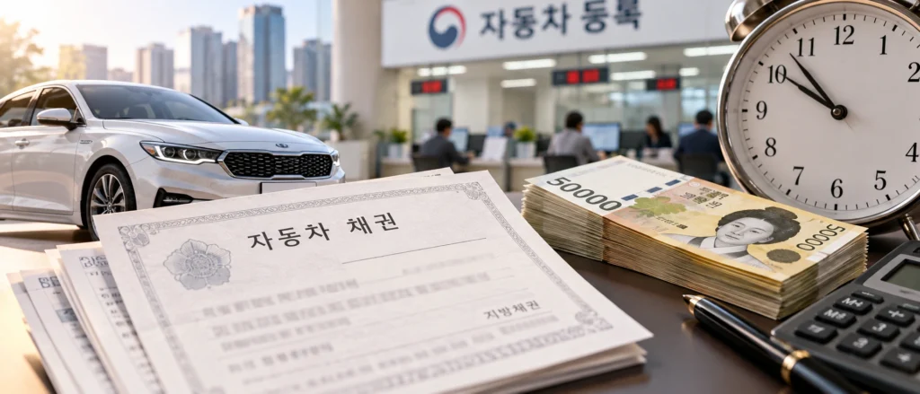 자동차 채권 환급금을 상징하는 차량과 채권 서류, 현금 및 소멸시효를 나타내는 시계