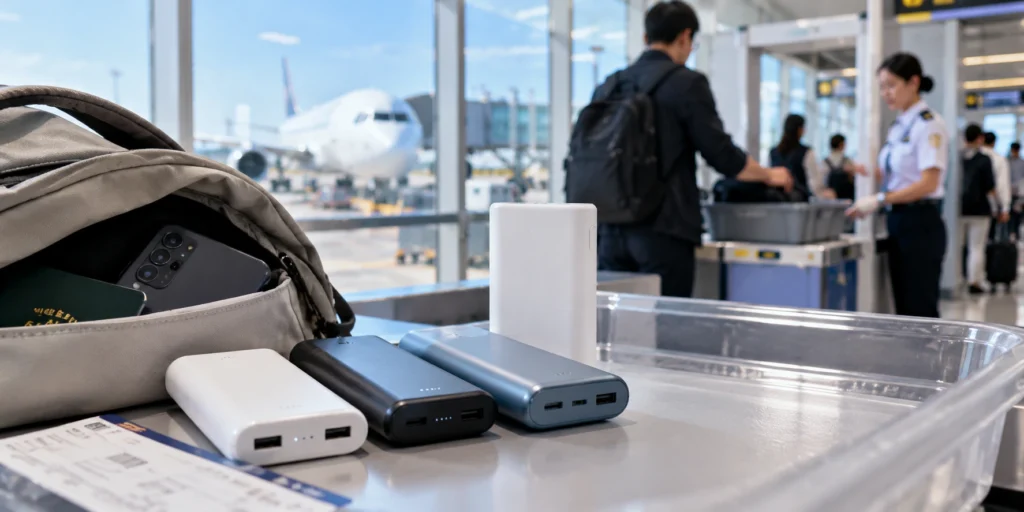 공항 보안검색대에서 기내반입을 위해 보조배터리와 휴대용 짐을 확인하는 모습